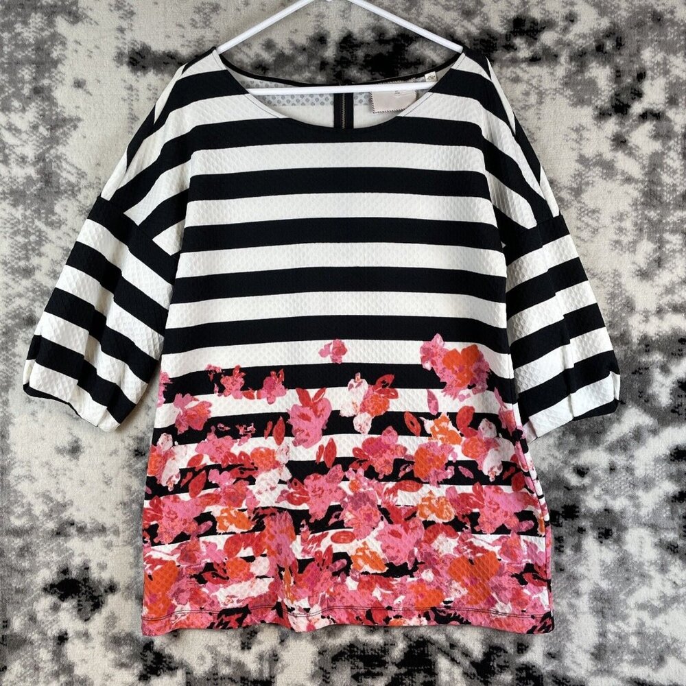 Anthropologie Black & White Striped Blouse with Pink Floral Hem